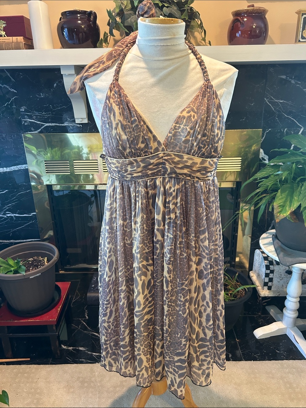 Lucy Paris One-Shoulder Leopard-Print Halter Dress in Brown and Cream